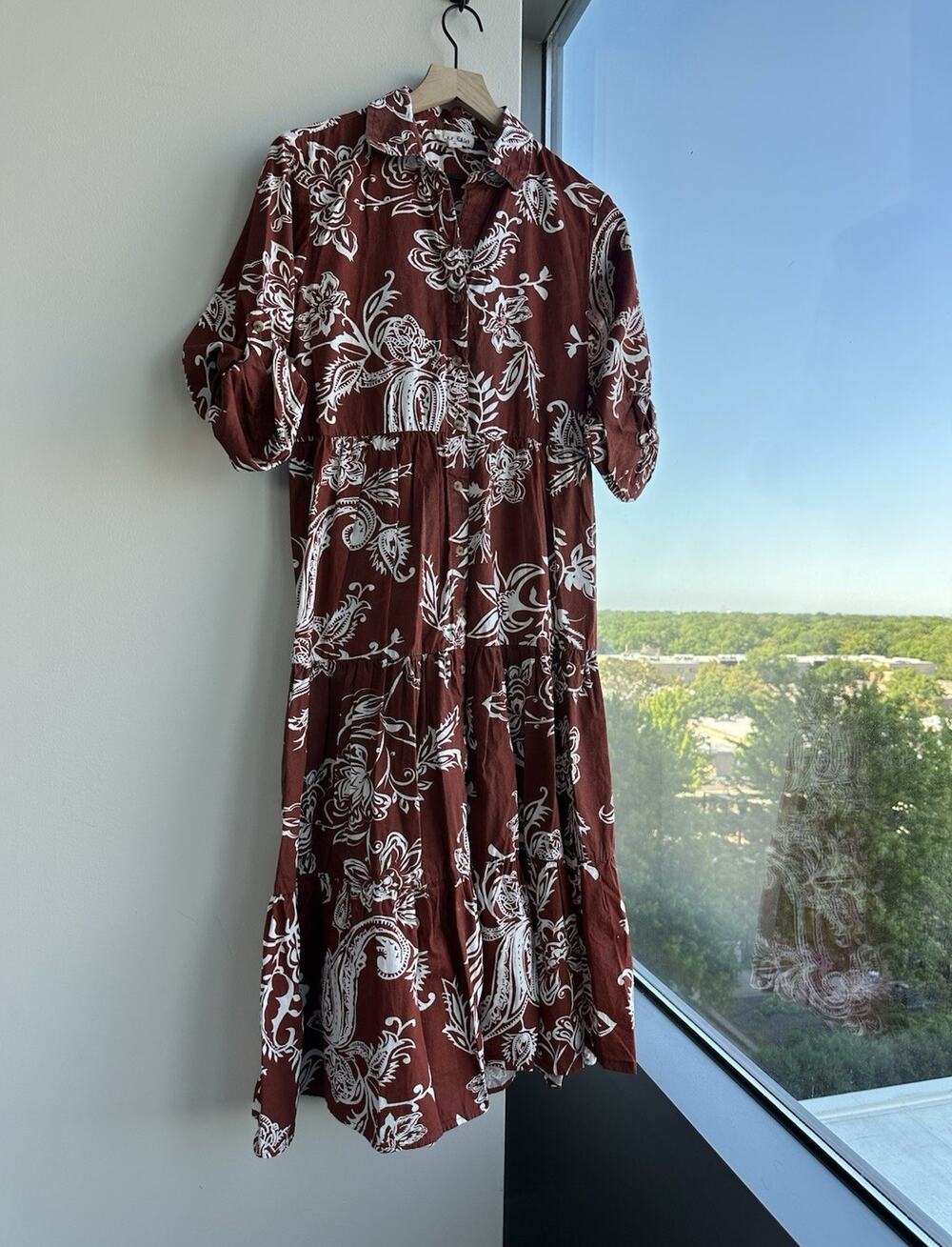 Violet Skies Shirt Dress Brown White Floral 3/4 Sleeve Collared Button M